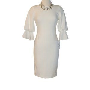 Calvin Klein Bell & Bubble Sleeve Fitted Sheath Dress Size 4 Wht Deep V-Back NWT